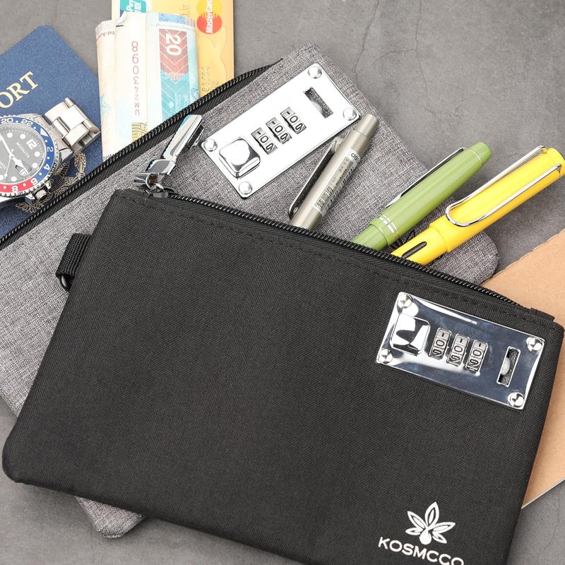 KOSMCCO 2Pcs Lockable Money Bag - 5x8 Inches Durable Nylon Locking Bank Bag Coin Purse for Cash, Jewelry, Passports, Medicine, Credit Cards and Valuable Storage Cash Pouch (Black & Grey) - Image 3